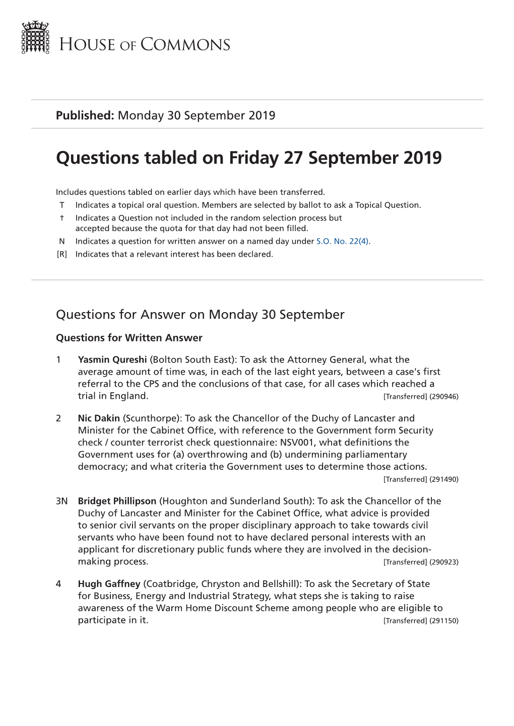 Questions Tabled on Fri 27 Sep 2019