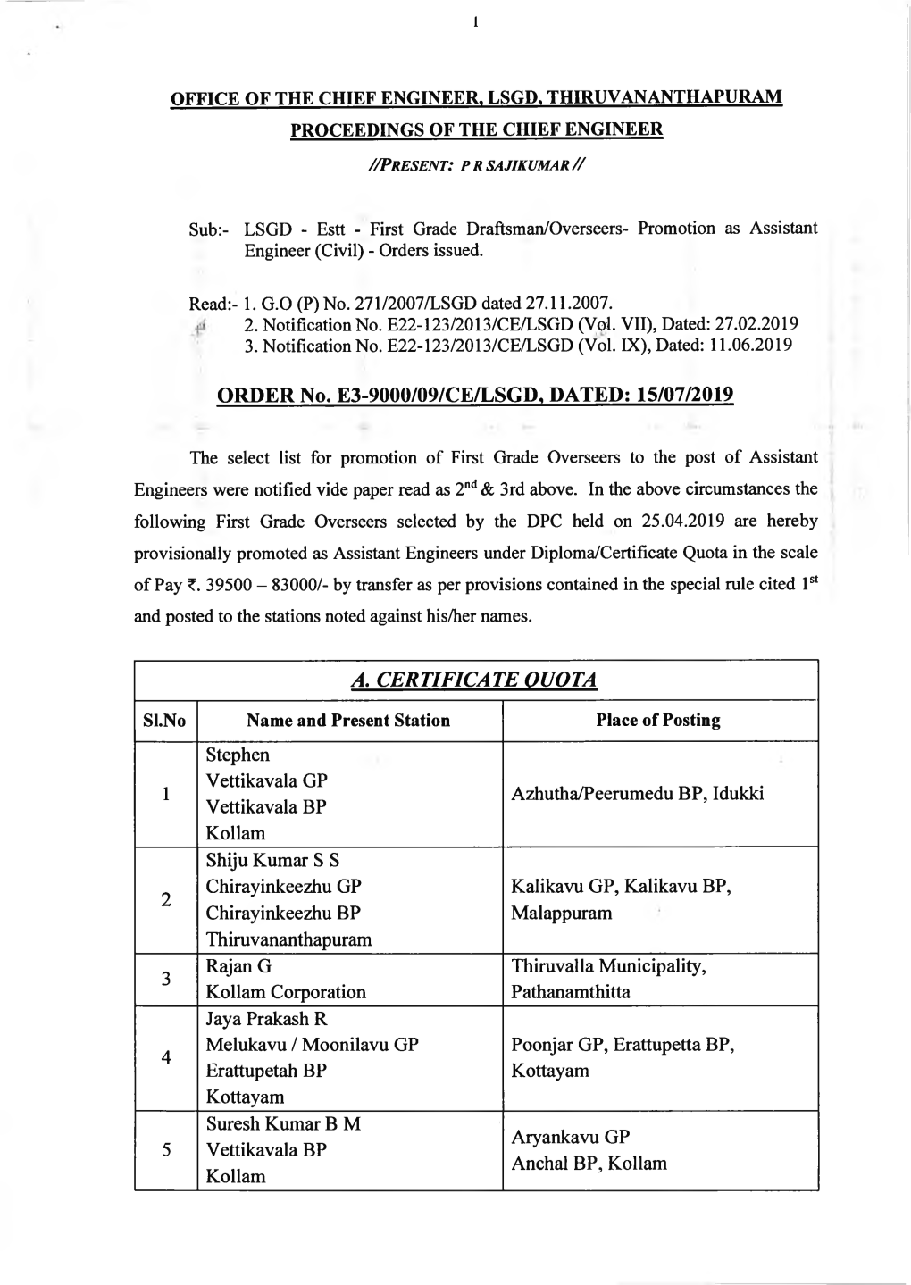 ORDER No. E3-9000/09/CE/LSGD, DATED: 15/07/2019