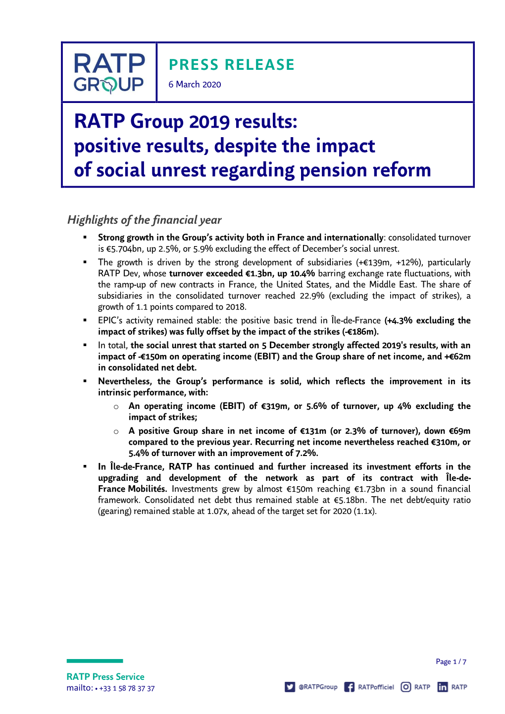 RATP Group 2019 Results: Positive Results, Despite the Impact of Social Unrest Regarding Pension Reform