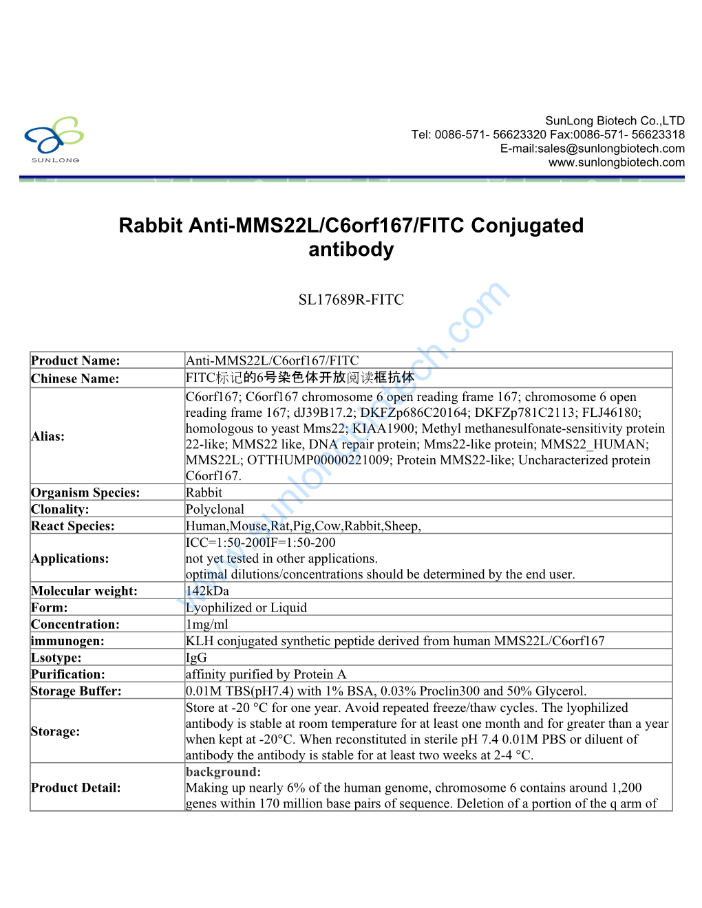 Rabbit Anti-MMS22L/C6orf167/FITC Conjugated Antibody-SL17689R