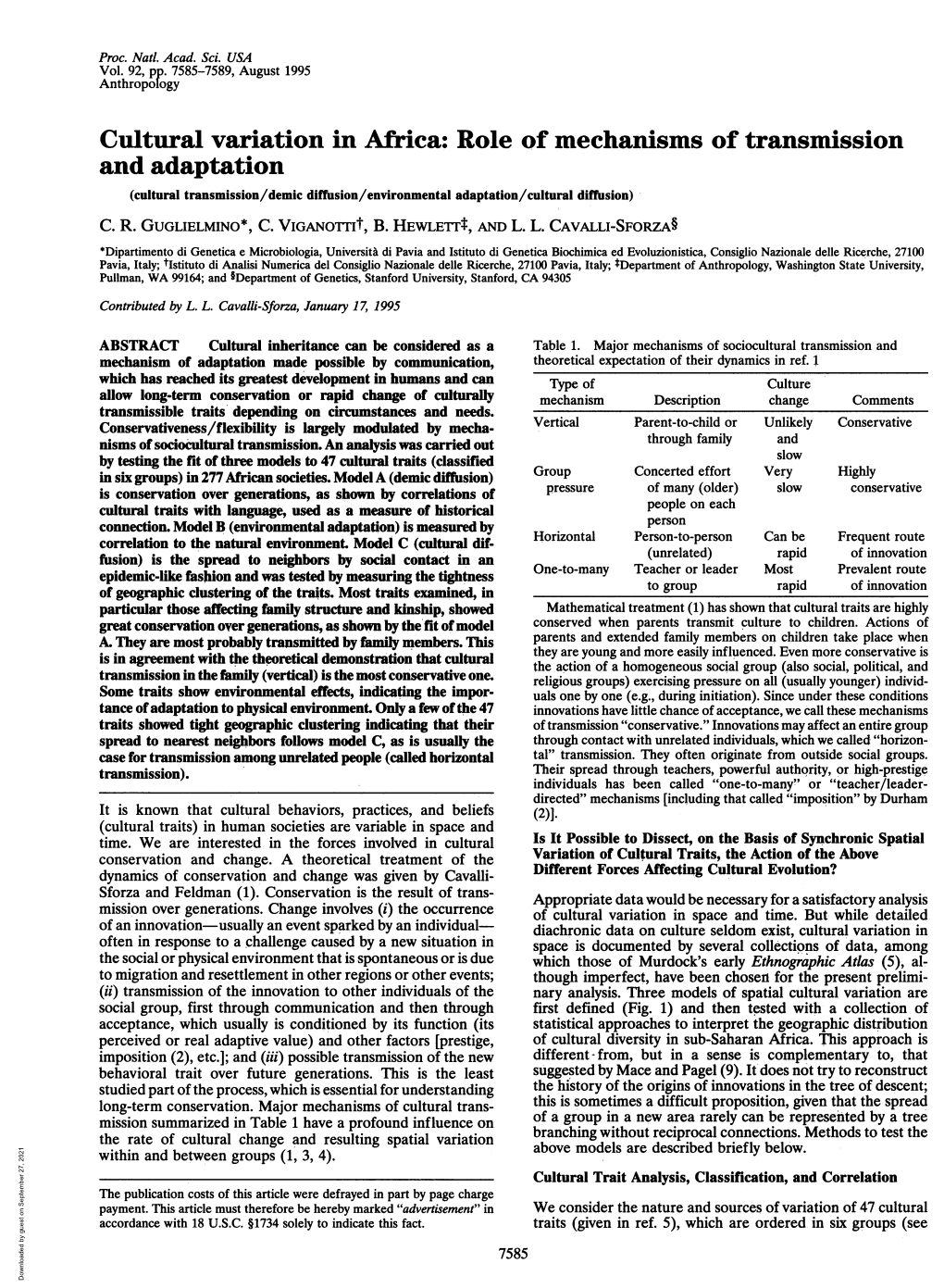 Cultural Variation in Africa: Role of Mechanisms of Transmission and Adaptation (Cultural Transmission/Demic Diffusion/Environmental Adaptation/Cultural Diffusion) C