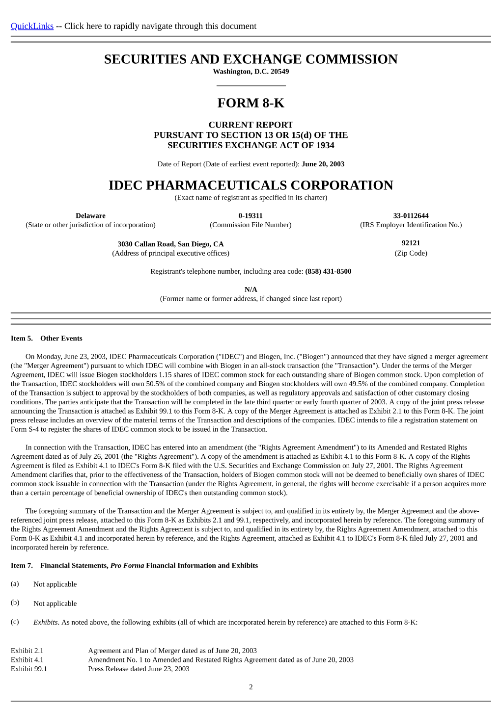 Securities and Exchange Commission Form 8-K Idec