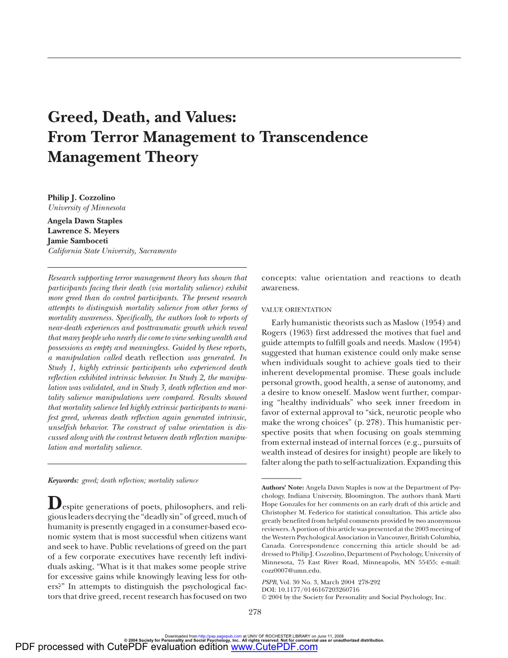 Greed, Death, and Values: from Terror Management to Transcendence Management Theory