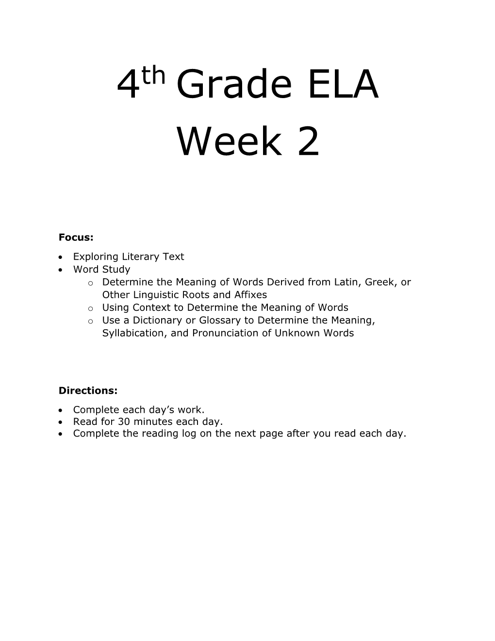 4Th Grade ELA Week 2