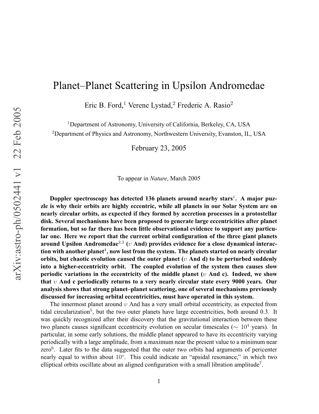 Arxiv:Astro-Ph/0502441 V1 22 Feb 2005 Planet–Planet Scattering In