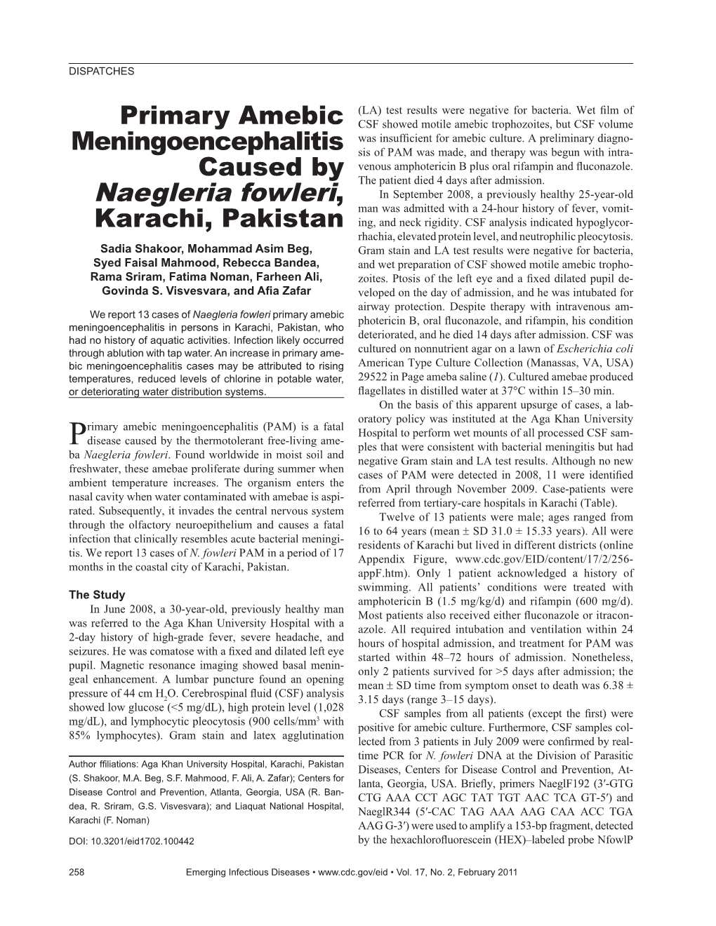 Naegleria Fowleri, Man Was Admitted with a 24-Hour History of Fever, Vomit- Karachi, Pakistan Ing, and Neck Rigidity