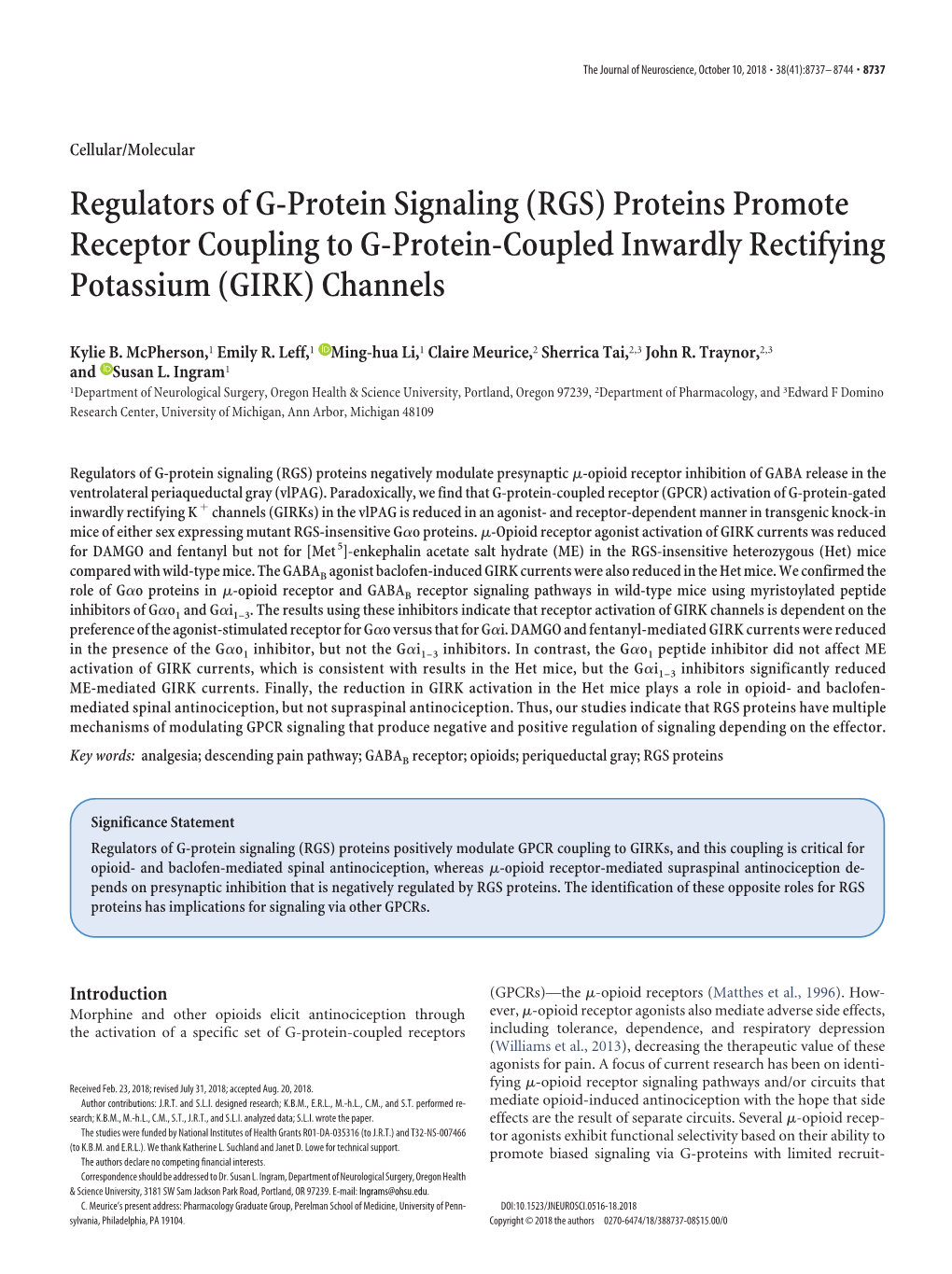 Regulators of G-Protein Signaling (RGS) Proteins Promote Receptor Coupling to G-Protein-Coupled Inwardly Rectifying Potassium (GIRK) Channels