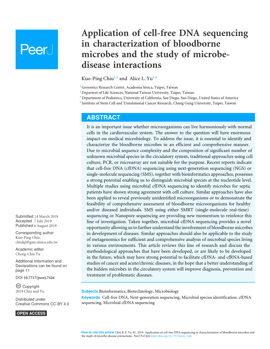 Application of Cell-Free DNA Sequencing in Characterization of Bloodborne Microbes and the Study of Microbe- Disease Interactions