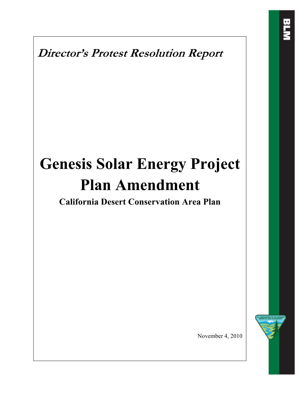 Genesis Solar Energy Project Plan Amendment California Desert Conservation Area Plan