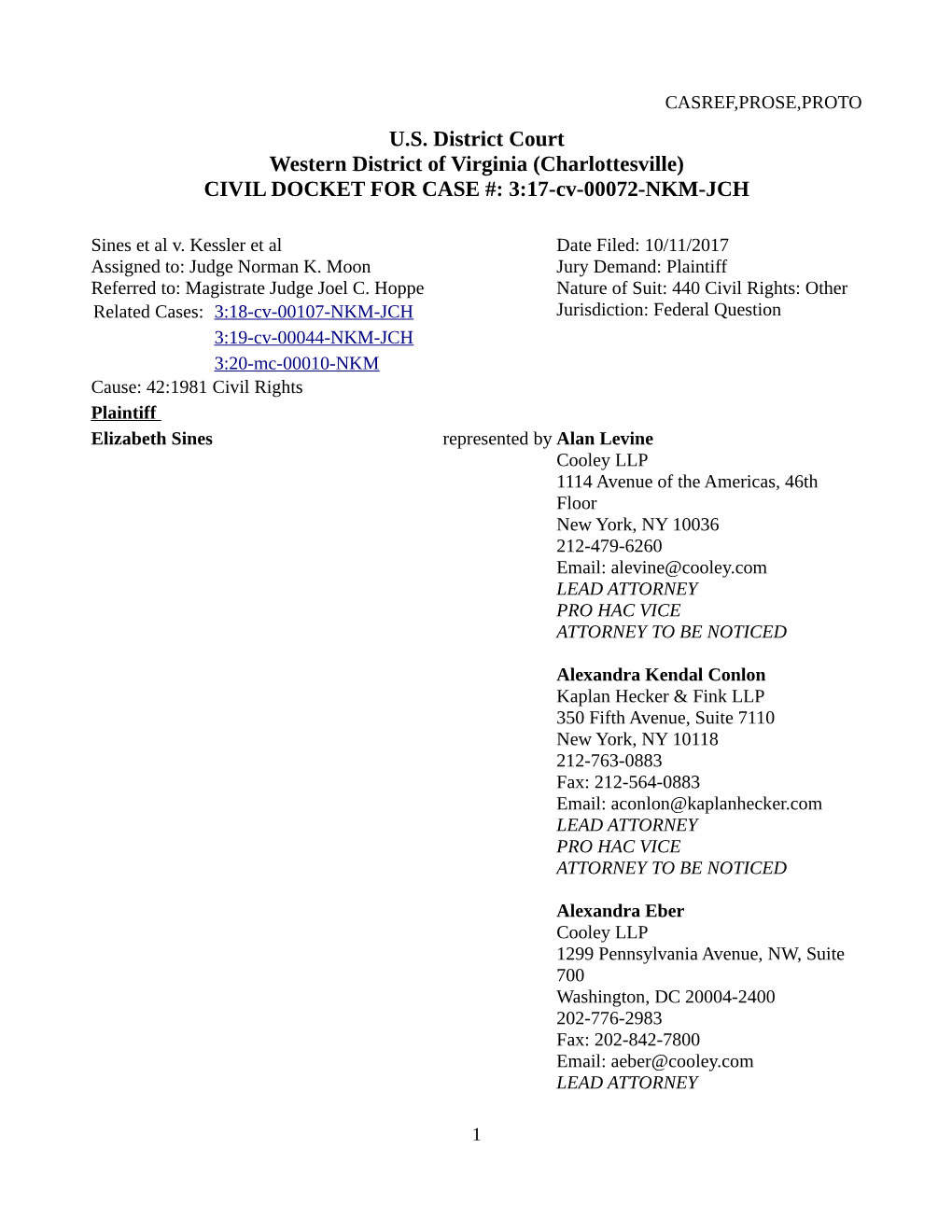 Charlottesville) CIVIL DOCKET for CASE #: 3:17-Cv-00072-NKM-JCH