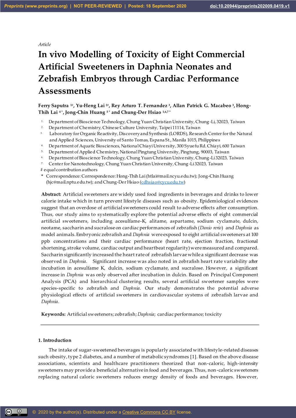 In Vivo Modelling of Toxicity of Eight Commercial Artificial Sweeteners in Daphnia Neonates and Zebrafish Embryos Through Cardiac Performance Assessments