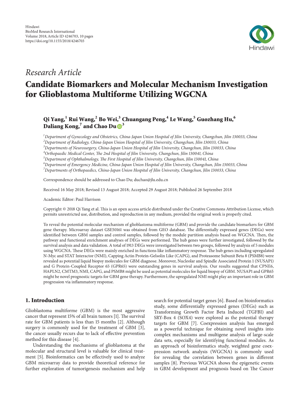 Candidate Biomarkers and Molecular Mechanism Investigation for Glioblastoma Multiforme Utilizing WGCNA