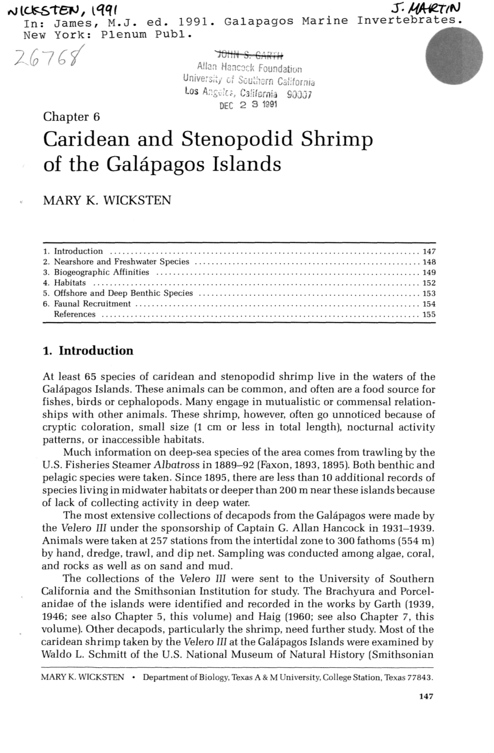 Caridean and Stenopodid Shrimp of the Galapagos Islands