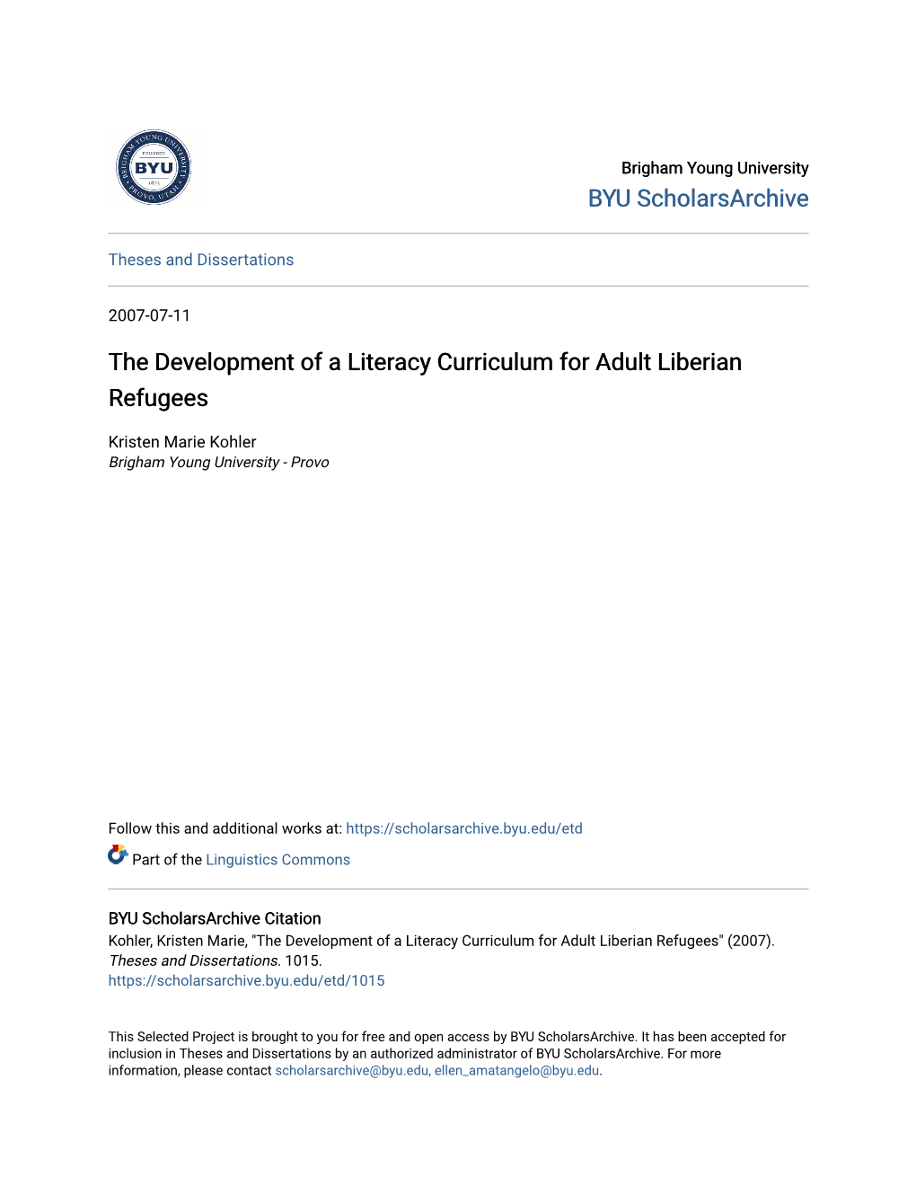 The Development of a Literacy Curriculum for Adult Liberian Refugees