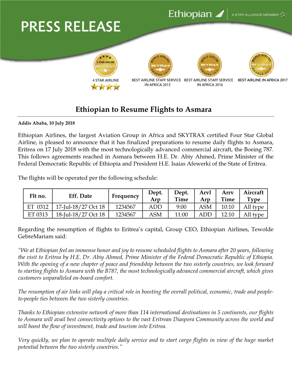 Ethiopian to Resume Flights to Asmara