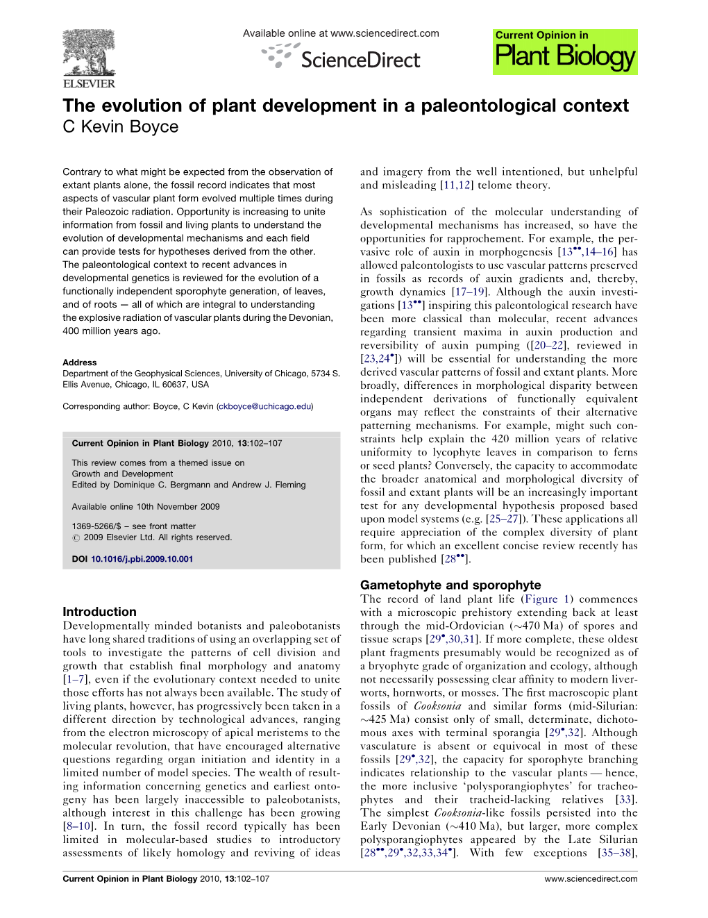 The Evolution of Plant Development in a Paleontological Context C Kevin Boyce