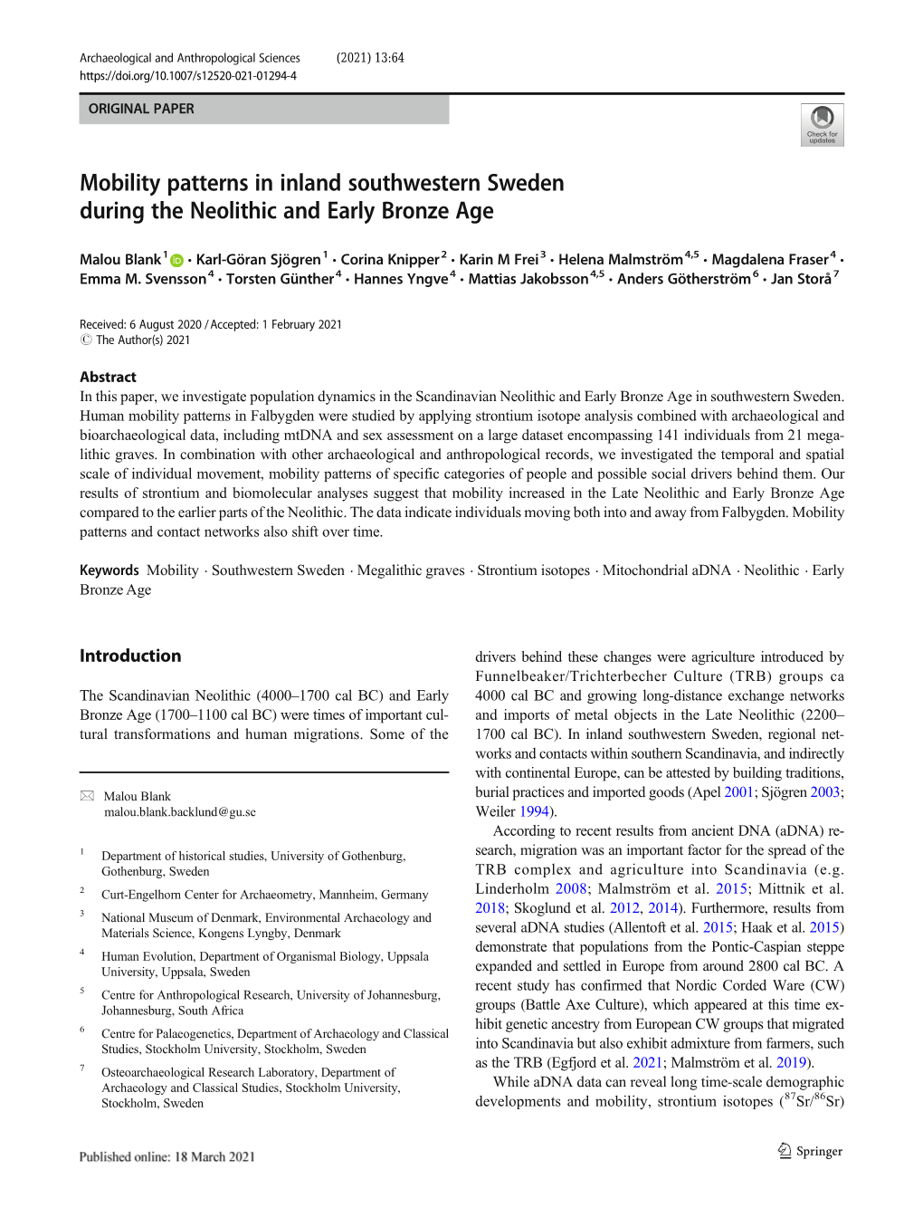 Mobility Patterns in Inland Southwestern Sweden During the Neolithic and Early Bronze Age