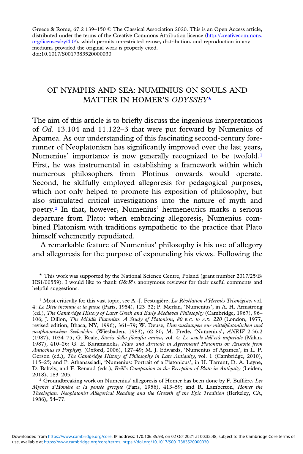 Of Nymphs and Sea: Numenius on Souls and Matter in Homer’S Odyssey*