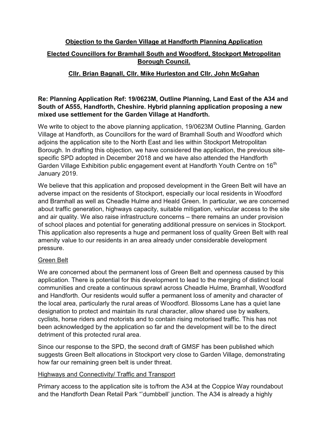 Objection to the Garden Village at Handforth Planning Application Elected Councillors for Bramhall South and Woodford, Stockport Metropolitan Borough Council