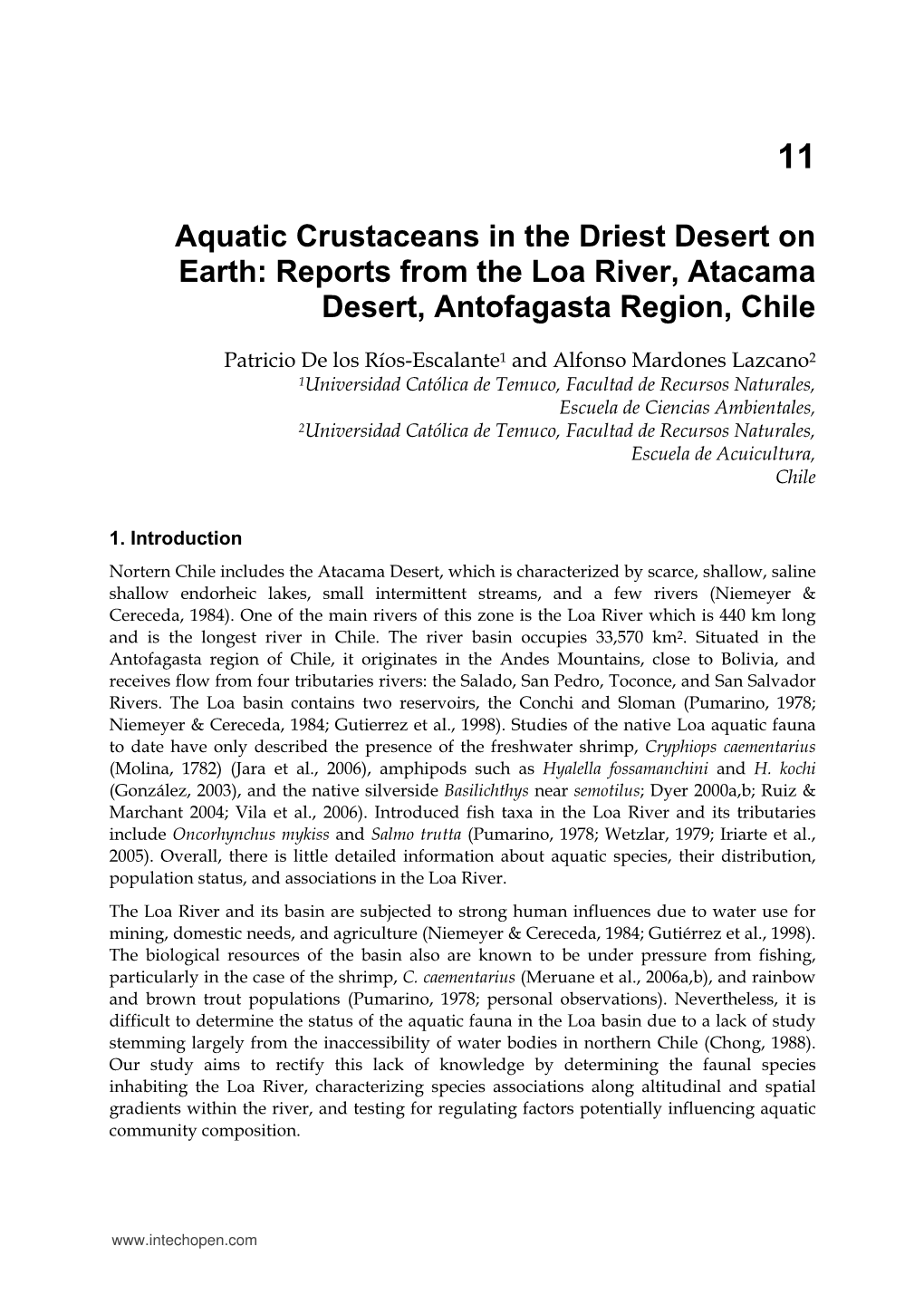 Aquatic Crustaceans in the Driest Desert on Earth: Reports from the Loa River, Atacama Desert, Antofagasta Region, Chile