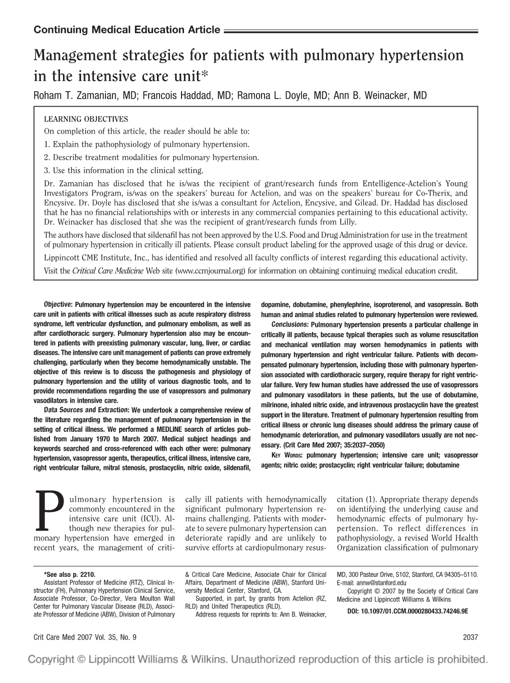 Management Strategies for Patients with Pulmonary Hypertension in the Intensive Care Unit* Roham T