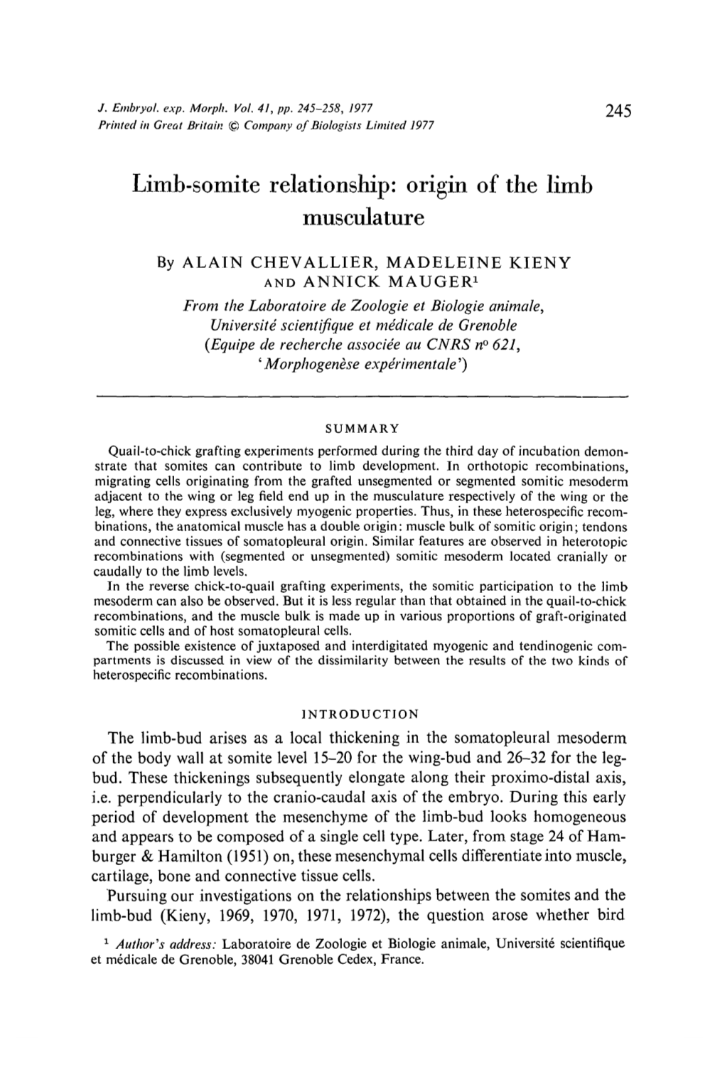 Limb-Somite Relationship: Origin of the Limb Musculature