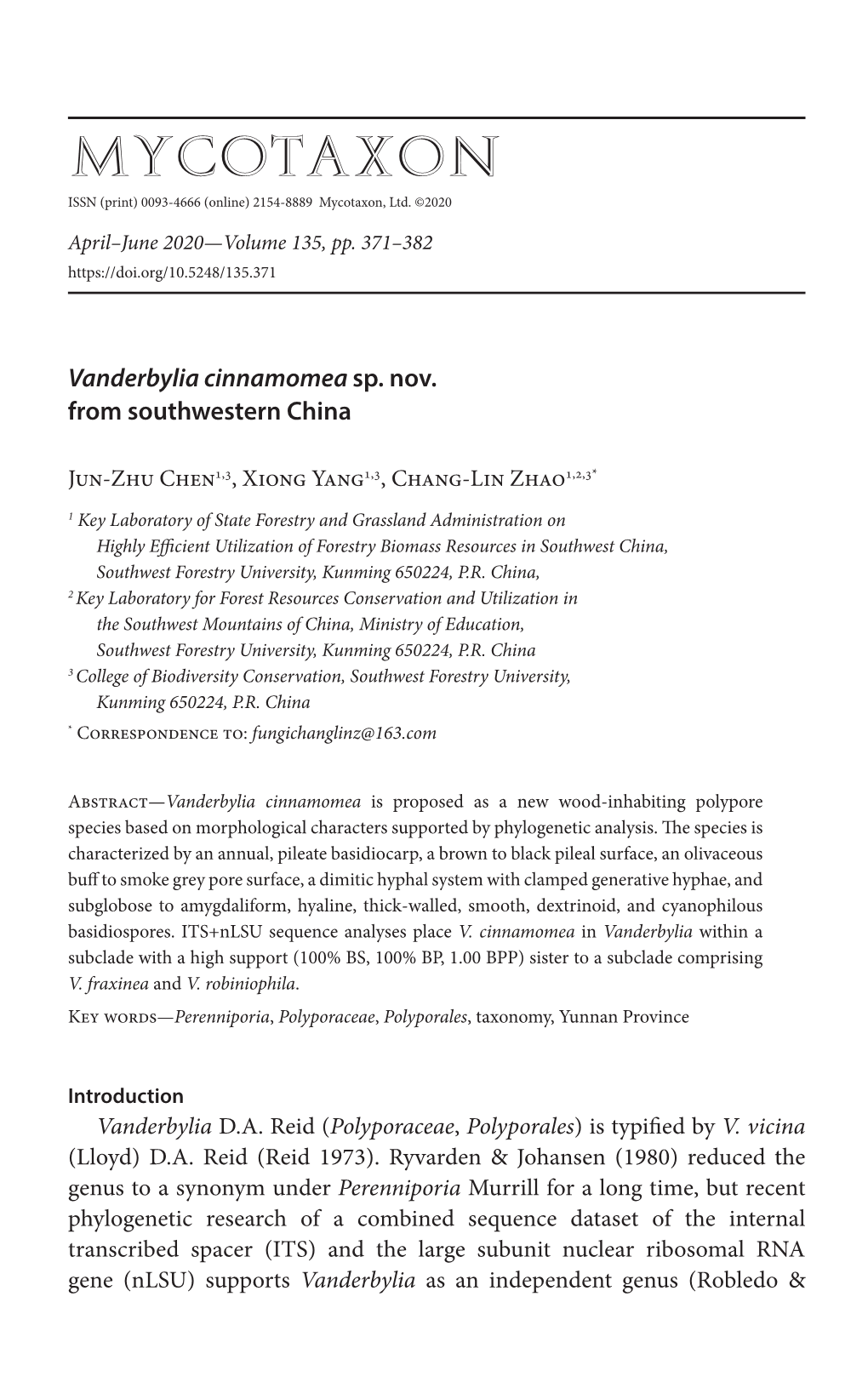 &lt;I&gt;Vanderbylia Cinnamomea&lt;/I&gt; Sp. Nov. from Southwestern China