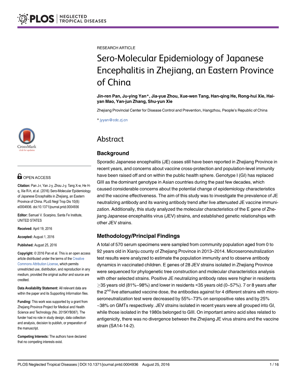 Sero-Molecular Epidemiology of Japanese Encephalitis in Zhejiang, an Eastern Province of China