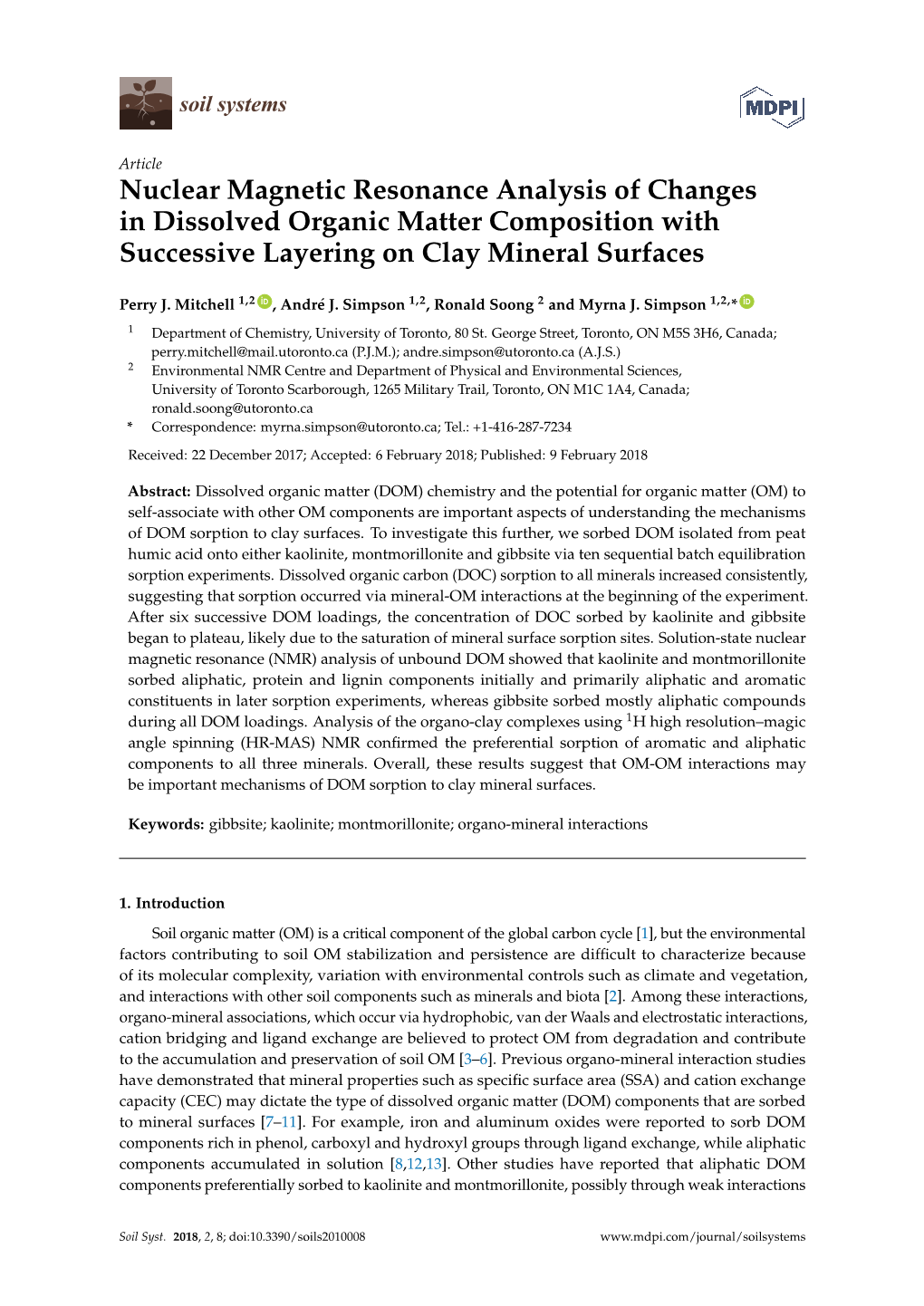 Nuclear Magnetic Resonance Analysis of Changes in Dissolved Organic Matter Composition with Successive Layering on Clay Mineral Surfaces