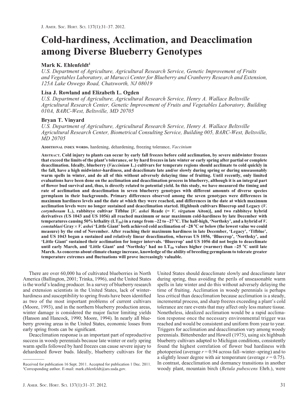 Cold-Hardiness, Acclimation, and Deacclimation Among Diverse Blueberry Genotypes