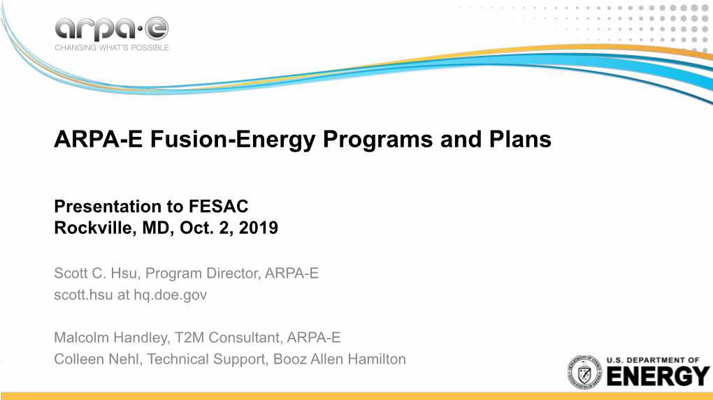 ARPA-E Fusion-Energy Programs and Plans