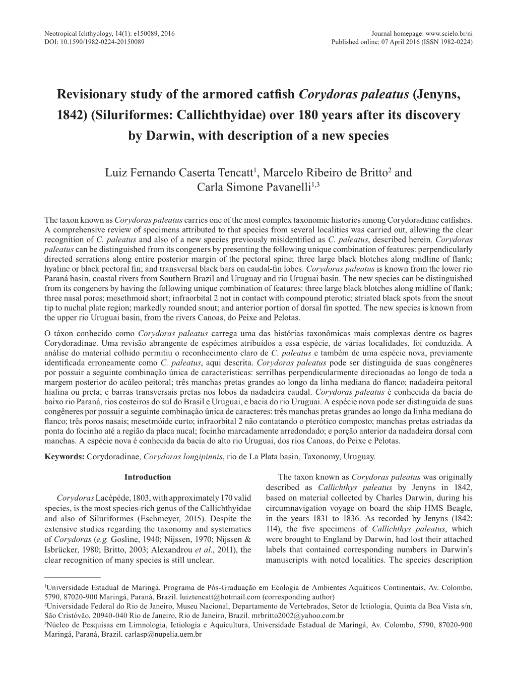 Revisionary Study of the Armored Catfish Corydoras Paleatus (Jenyns, 1842) (Siluriformes: Callichthyidae) Over 180 Years After I