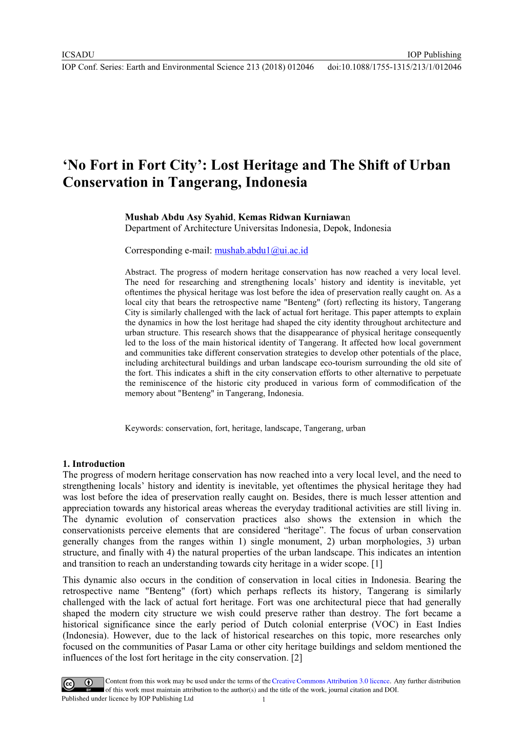Lost Heritage and the Shift of Urban Conservation in Tangerang, Indonesia
