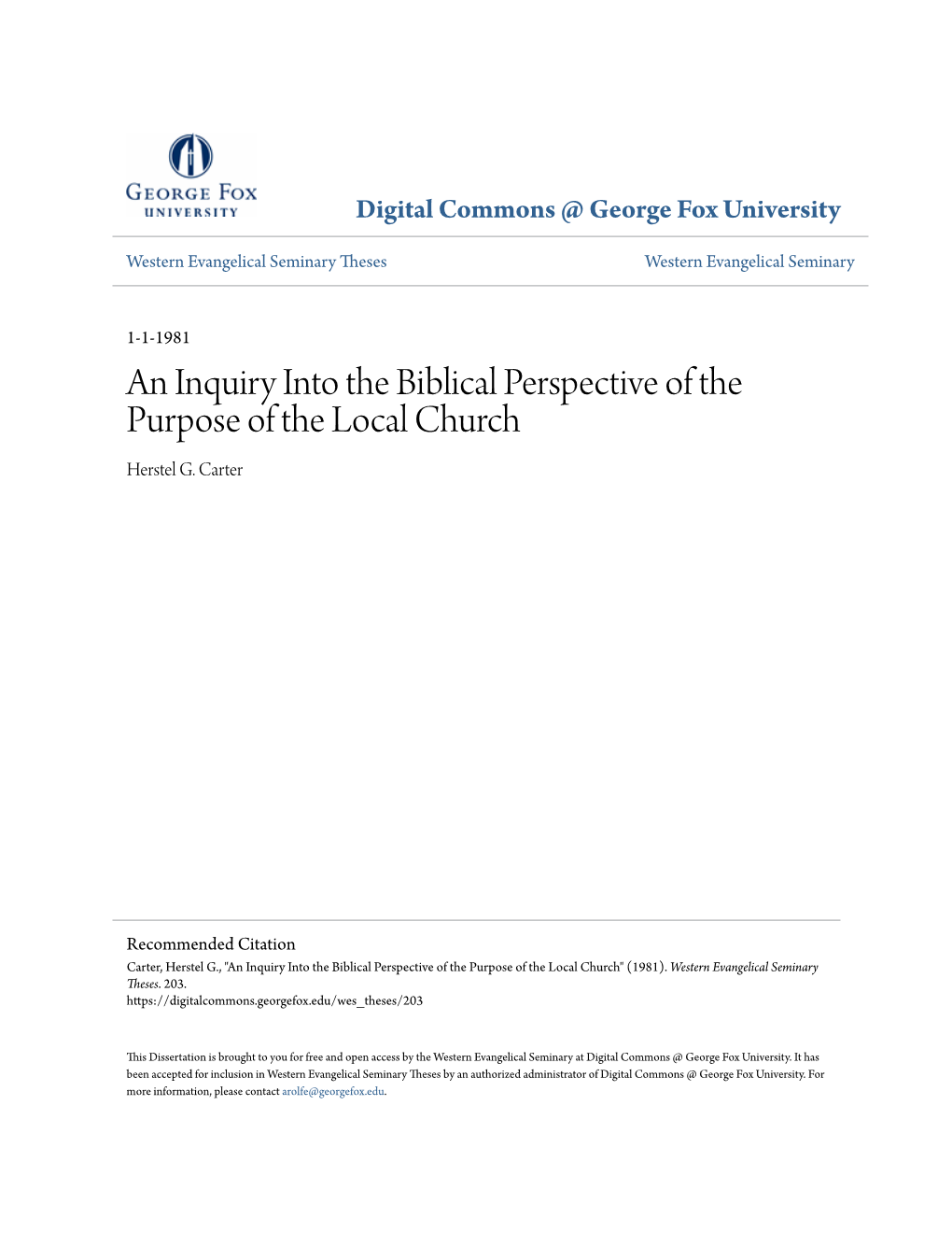 An Inquiry Into the Biblical Perspective of the Purpose of the Local Church Herstel G