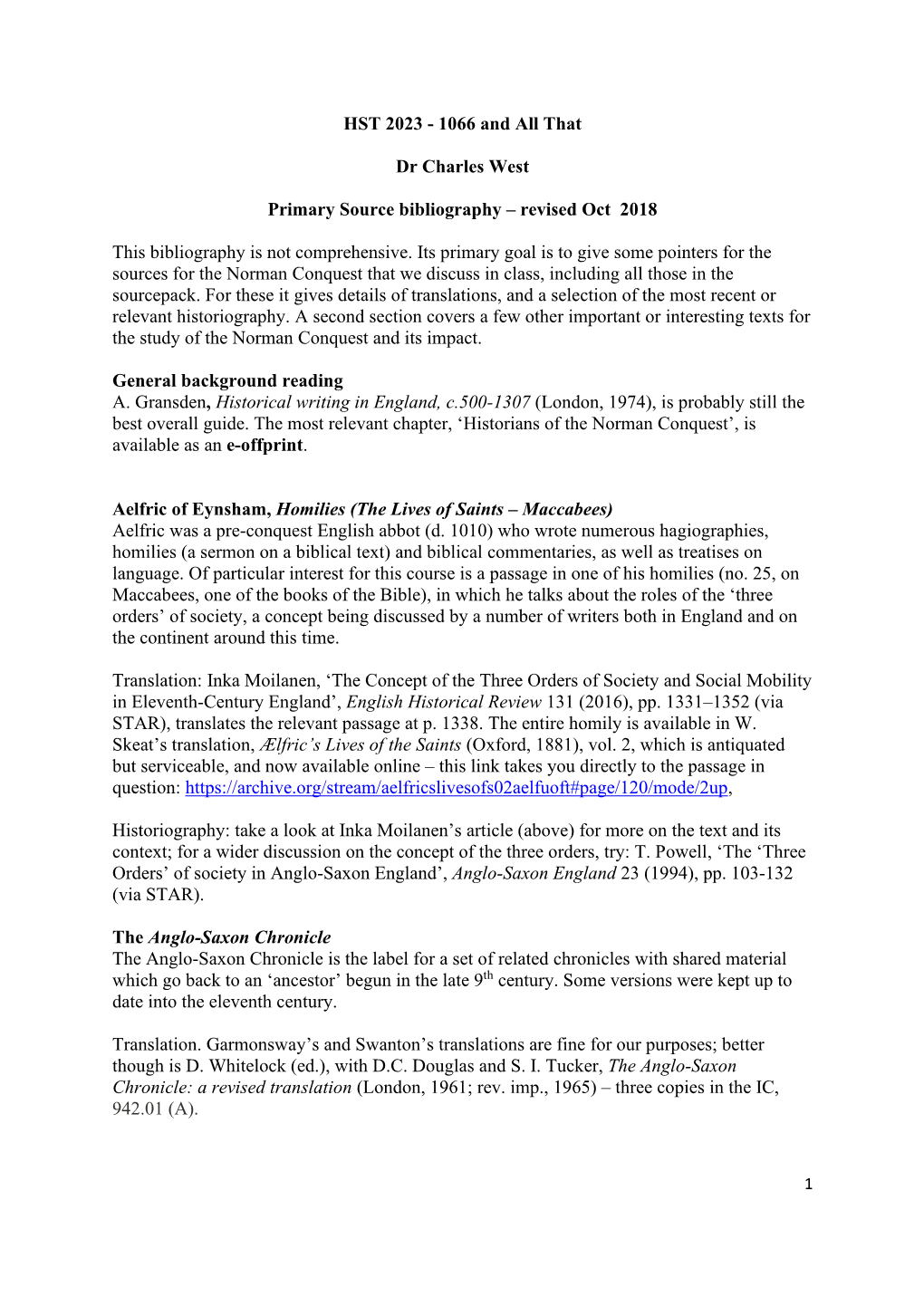 Norman Conquest Primary Sources Bibliography