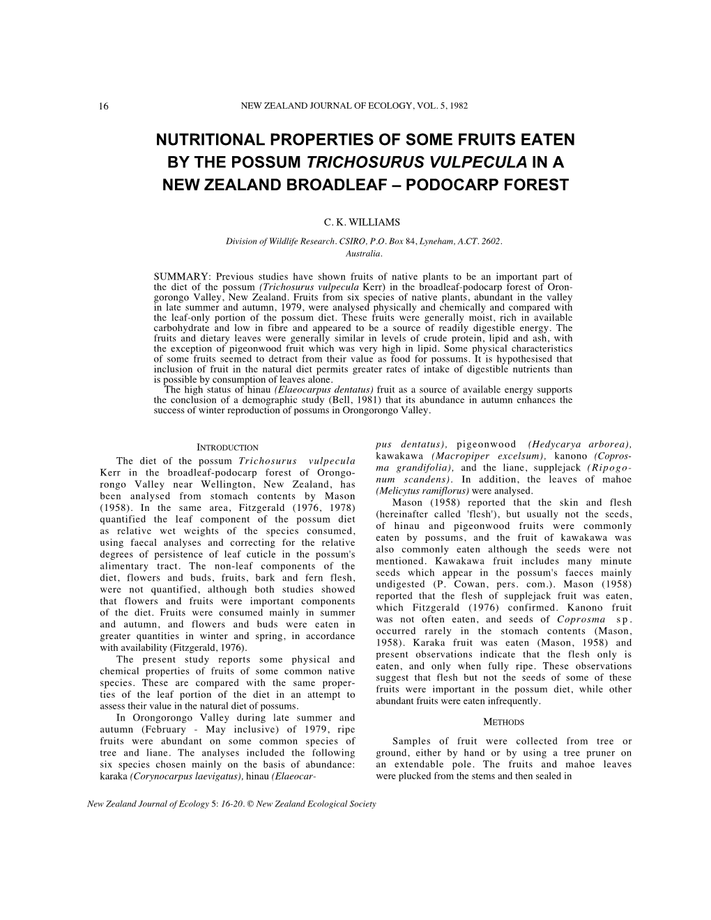 Nutritional Properties of Some Fruits Eaten by the Possum Trichosurus Vulpecula in a New Zealand Broadleaf – Podocarp Forest