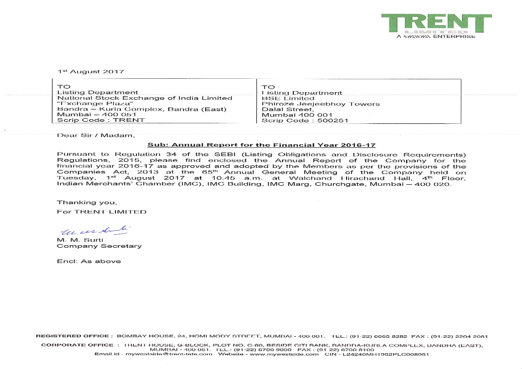 TRENT LIMITED the Directors Present Their Sixty Fifth Annual Report Together with the Audited Financial Statements for the Year Ended 31St March 2017