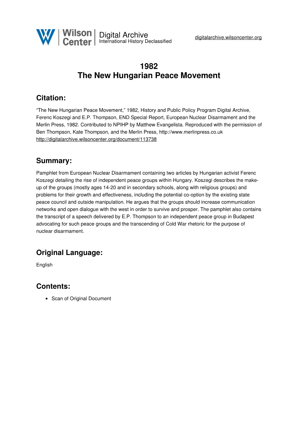 1982 the New Hungarian Peace Movement