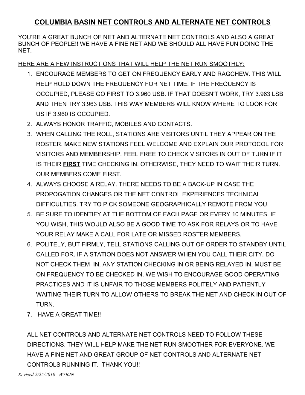 Columbia Basin Net Controls and Alternate Net Controls