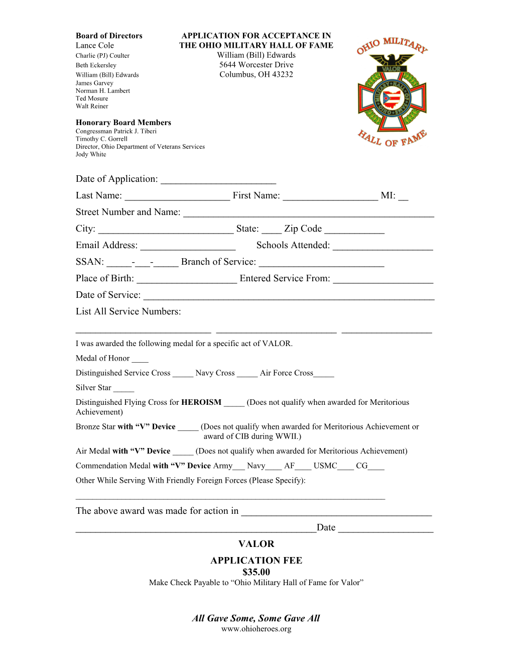 Ohio Military Hall Of Fame Application