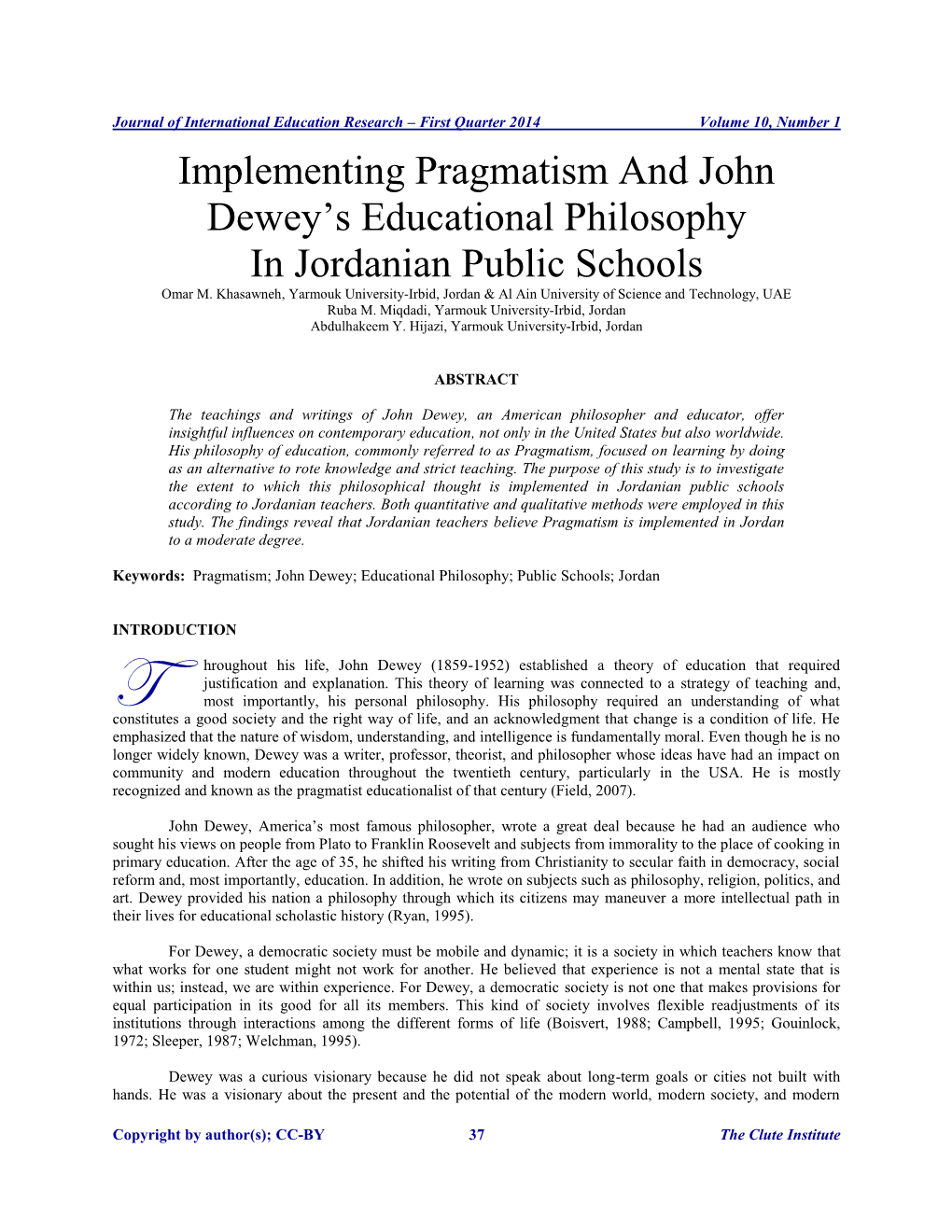 Implementing Pragmatism and John Dewey's Educational Philosophy in Jordanian Public Schools