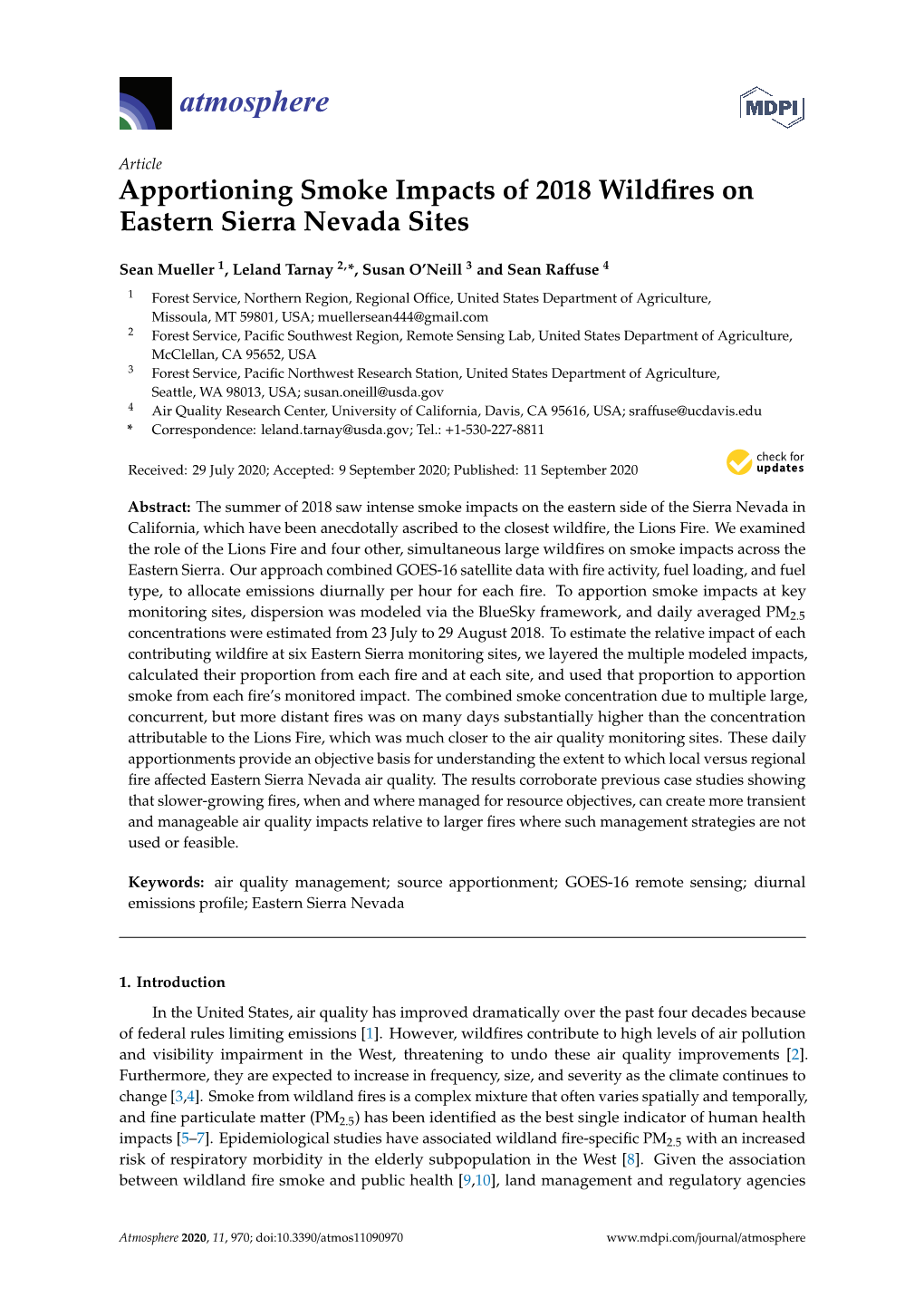 Apportioning Smoke Impacts of 2018 Wildfires on Eastern Sierra Nevada Sites