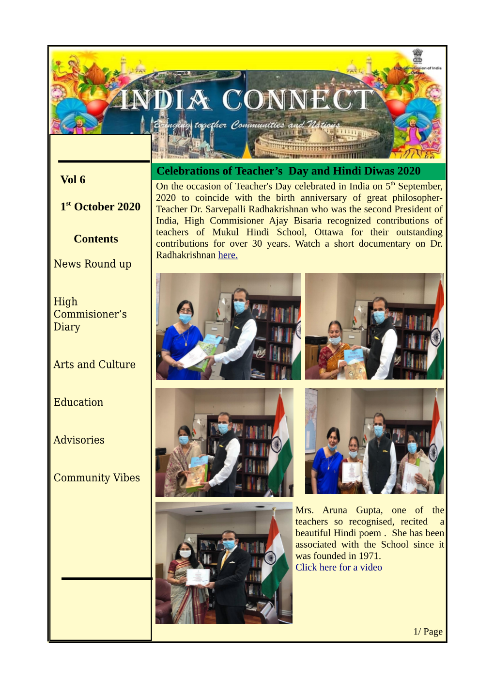 Vol 6 1St October 2020 Contents Celebrations of Teacher's Day And