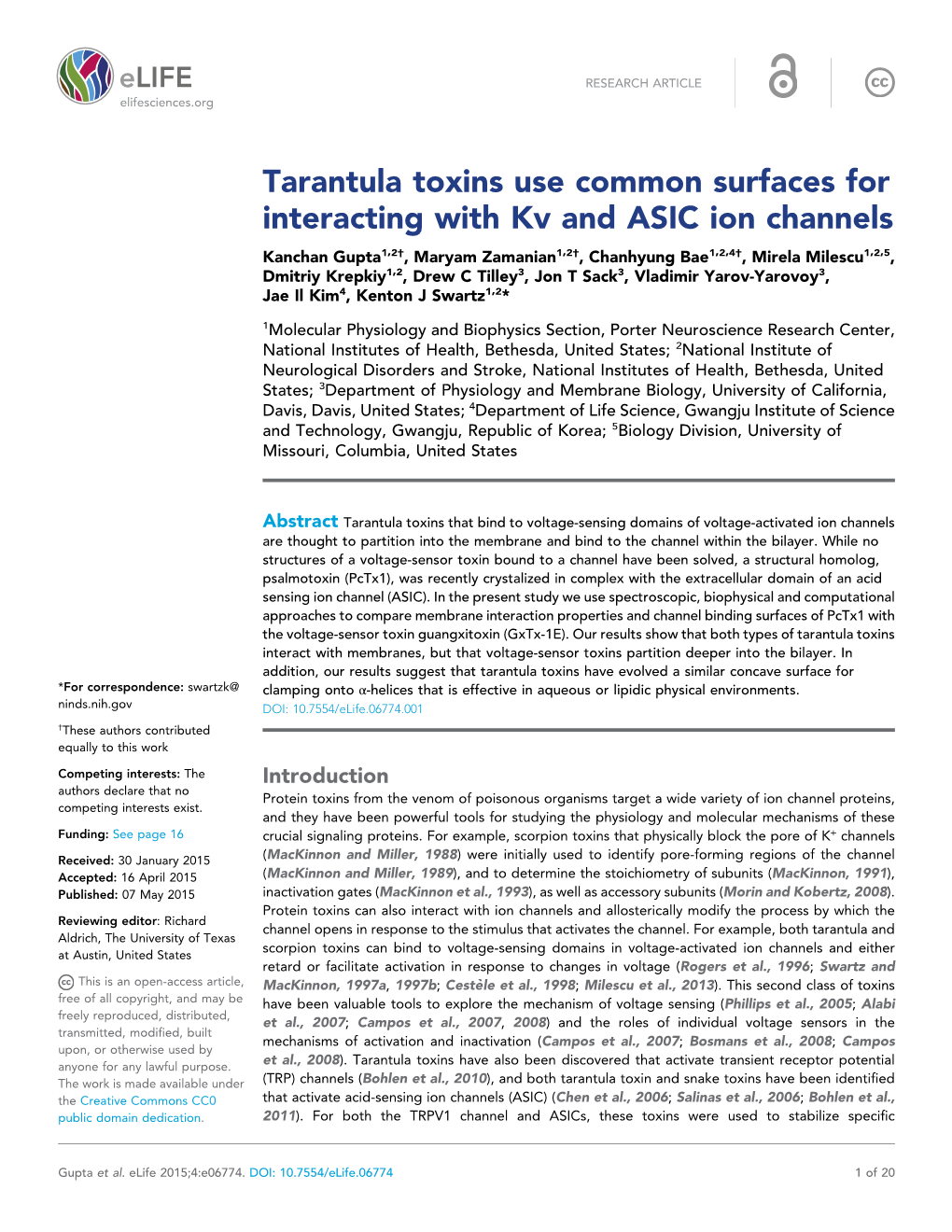 Tarantula Toxins Use Common Surfaces for Interacting with Kv and ASIC