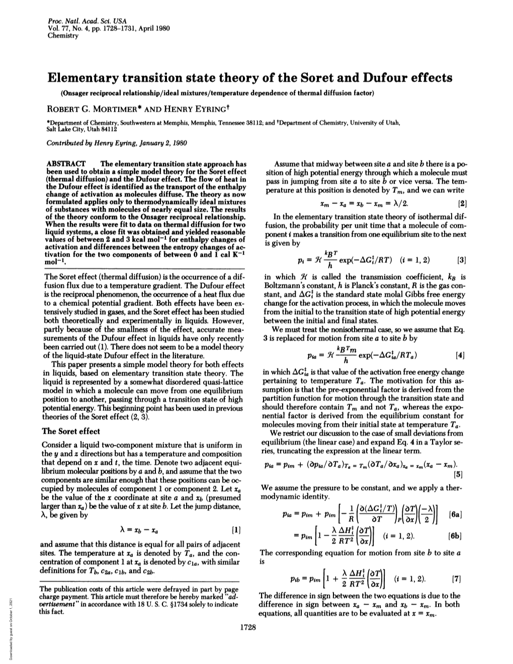 Elementary Transition State Theory of the Soret and Dufour Effects Pi= Y