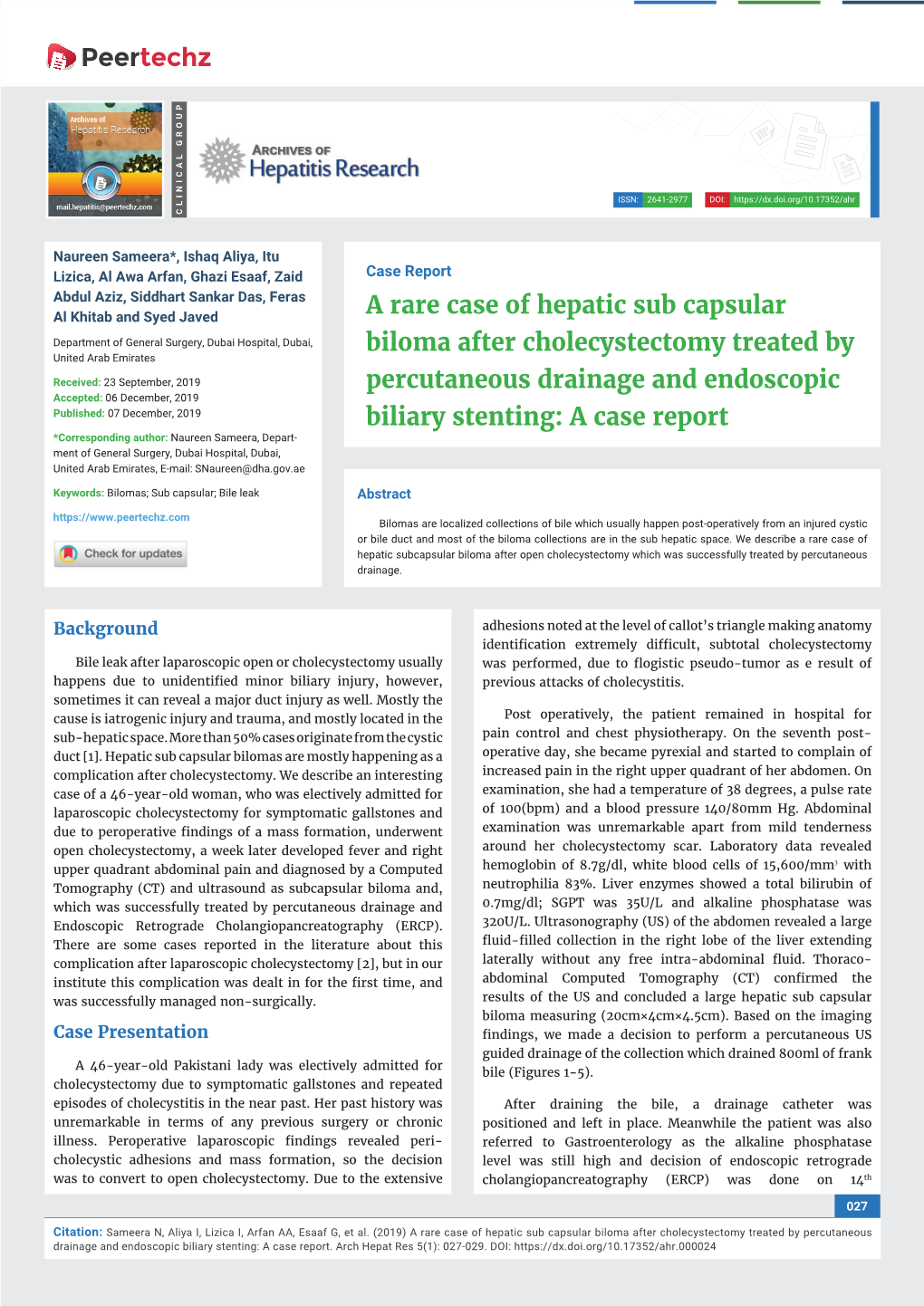 A Rare Case of Hepatic Sub Capsular Biloma After Cholecystectomy Treated by Percutaneous Drainage and Endoscopic Biliary Stenting: a Case Report