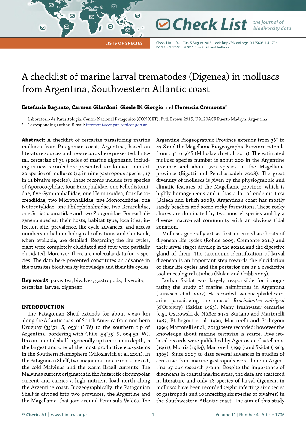 A Checklist of Marine Larval Trematodes (Digenea) in Molluscs from Argentina, Southwestern Atlantic Coast