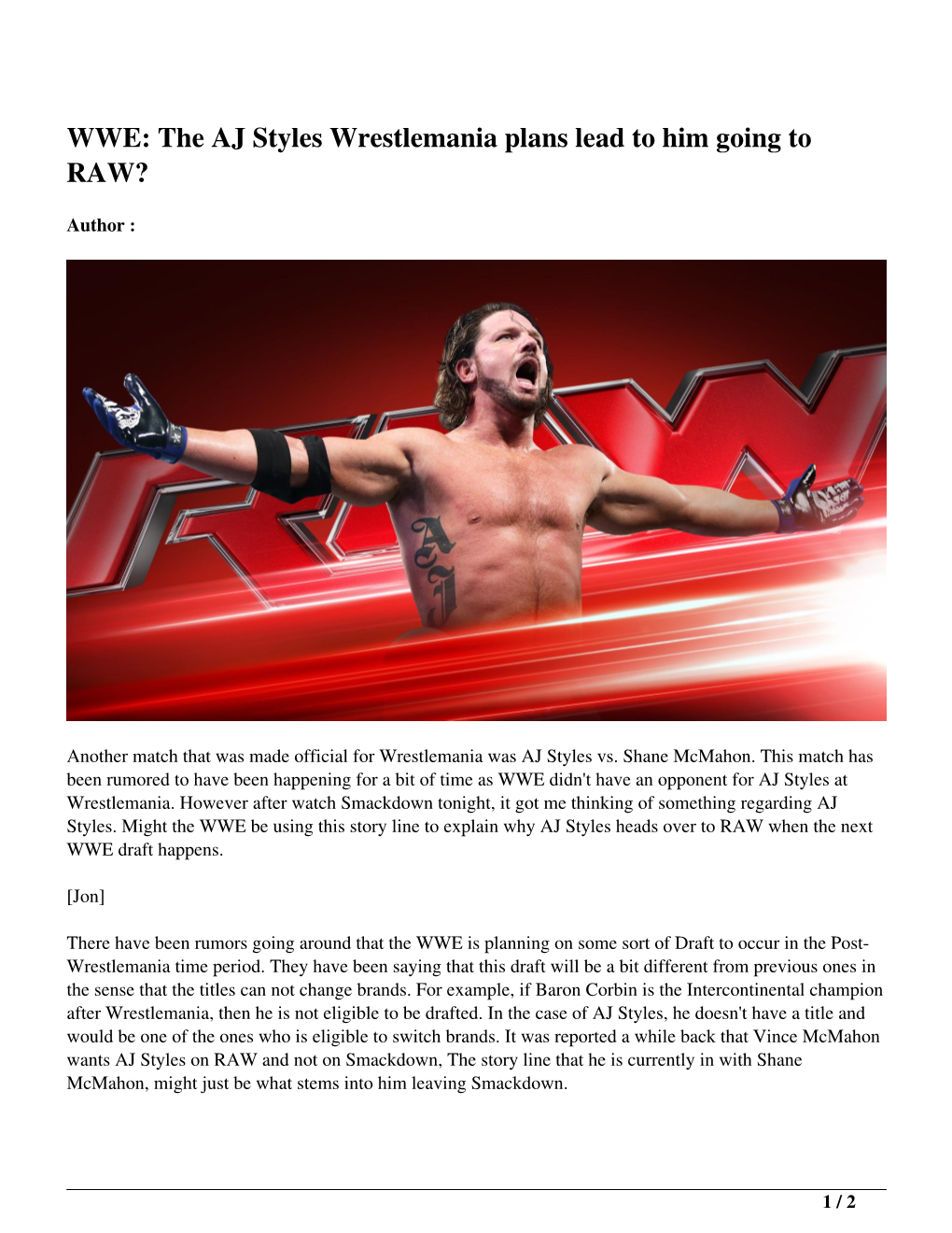 WWE: the AJ Styles Wrestlemania Plans Lead to Him Going to RAW?