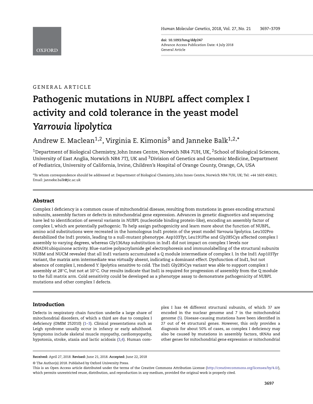 Pathogenic Mutations in NUBPL Affect Complex I Activity and Cold Tolerance in the Yeast Model Yarrowia Lipolytica Andrew E