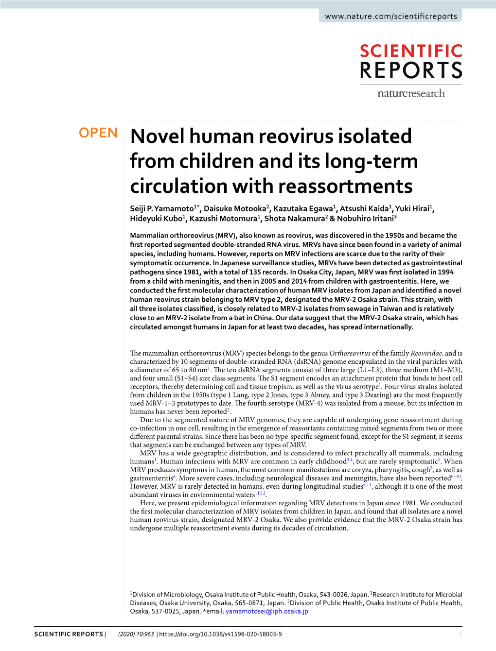 Novel Human Reovirus Isolated from Children and Its Long-Term Circulation with Reassortments Seiji P